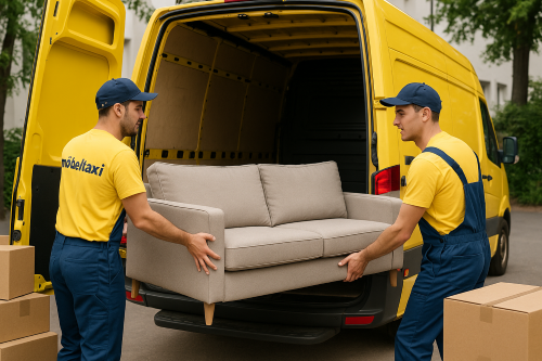 Möbeltaxi-Team im Einsatz – Möbelträger transportieren Sideboard durch einen Hausflur